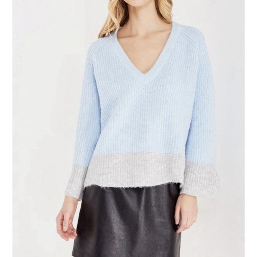 Anthropologie LOST INK Women Sweater Size 6 Oversized Light Blue Gray V Neck
